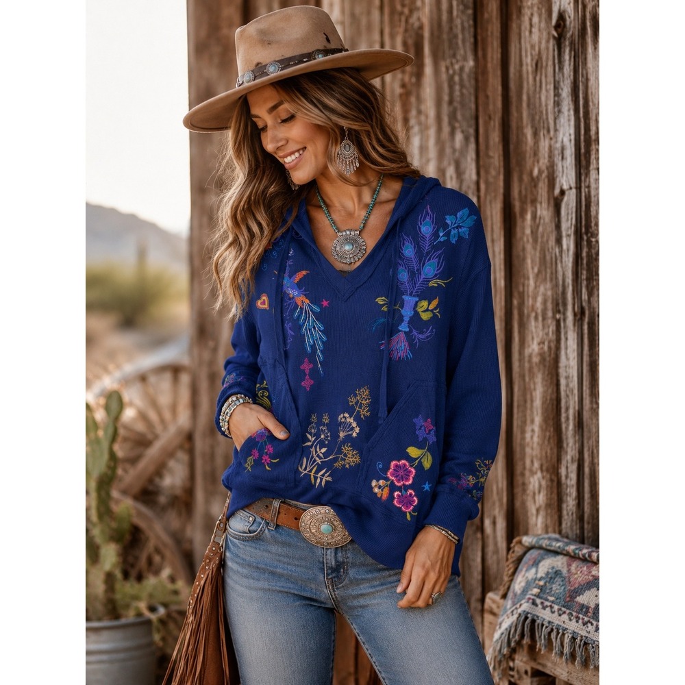 Johnny Was Ariela Relaxed Thermal Hoodie Blue Embroidered Waffle Knit S J17224-9